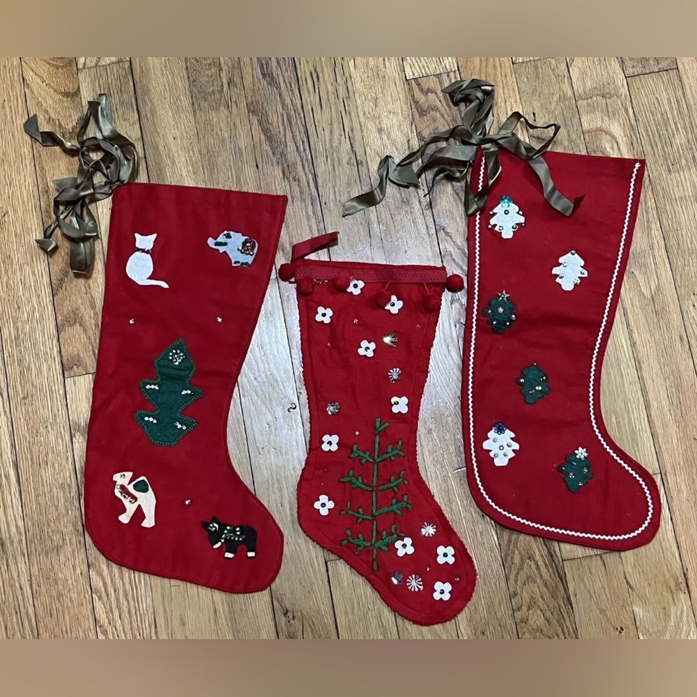 Vintage Lot of 3 Felt Christmas Stockings Rhinestone Sequins Appliqué Ricrac